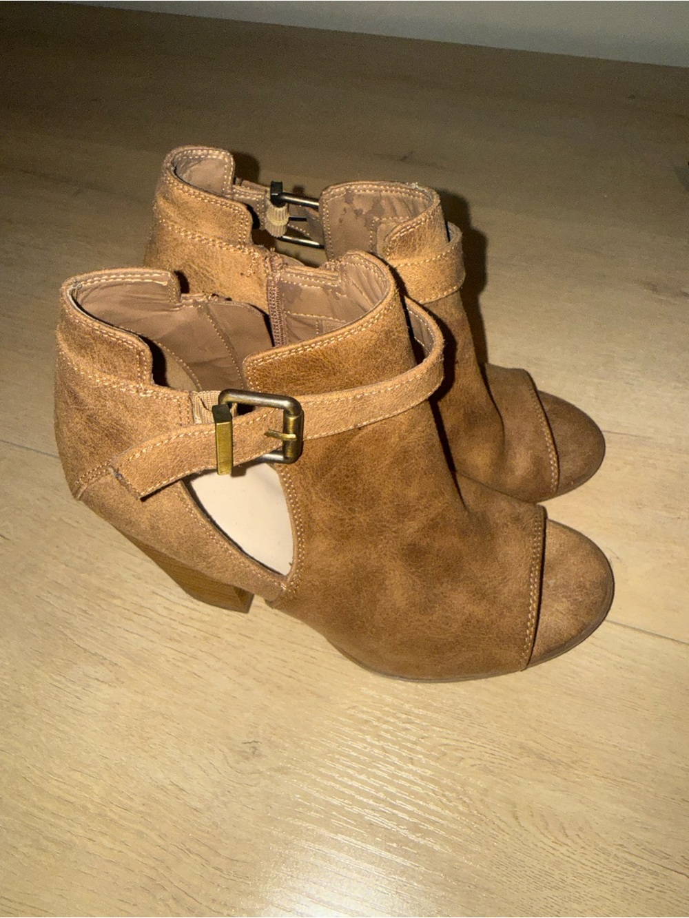 Suede Tan Open-Toe Ankle Booties with Buckle Strap